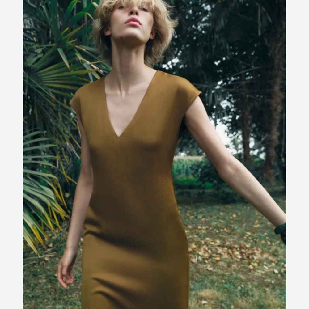 Zara Linen Blend Satin V-Neck Dress